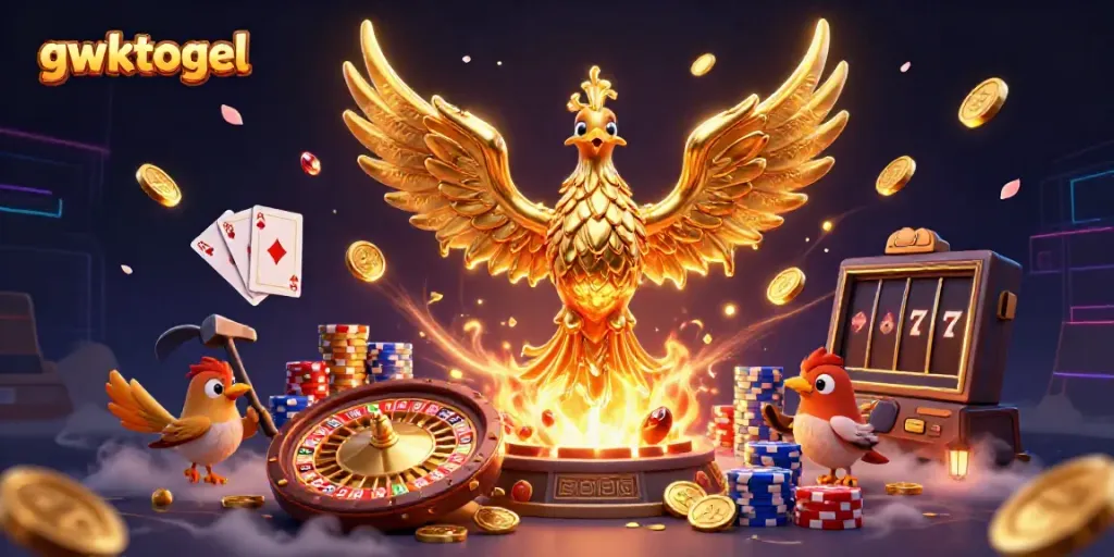 Visualisasi gwktogel yang menampilkan phoenix emas bercahaya dengan koin terbang dan elemen kasino lainnya.