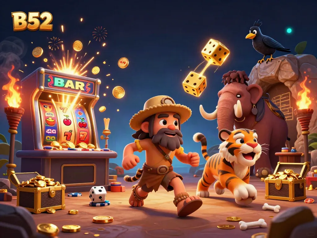 B52 casino scene depicting a lively caveman duo with a sabertooth tiger, vibrant slot machine explosion, and golden elements.
