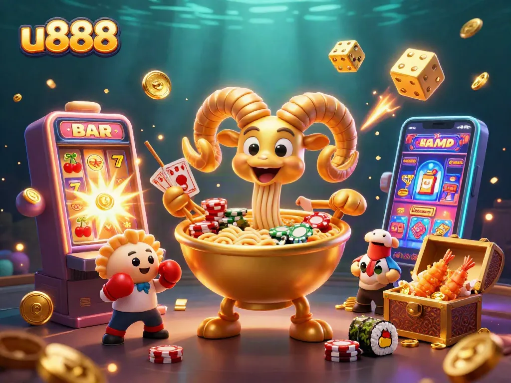Experience u888's thrilling gaming atmosphere with an explosive jackpot scene featuring fun characters and vibrant casino elements.