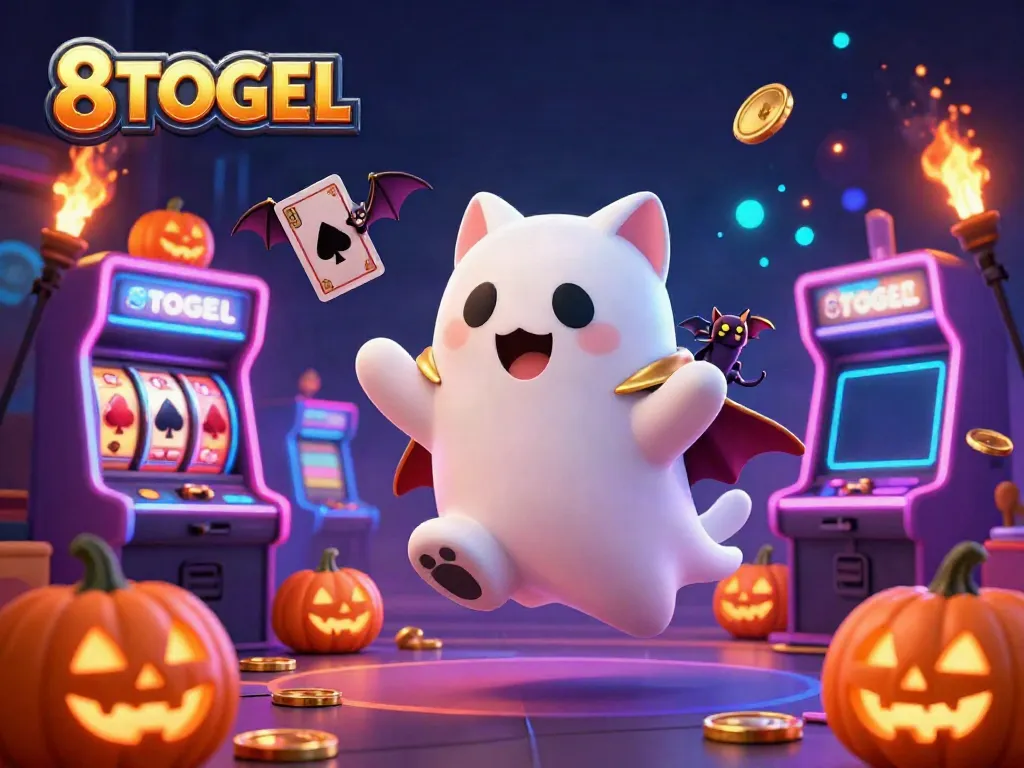 Mainkan 8TOGEL dalam suasana kasino ceria dengan kucing hantu dan simbol hoki.