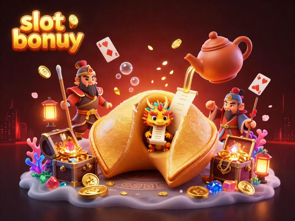 Engage with the exciting slot bonus world featuring a golden fortune cookie scene with treasures and dynamic characters.