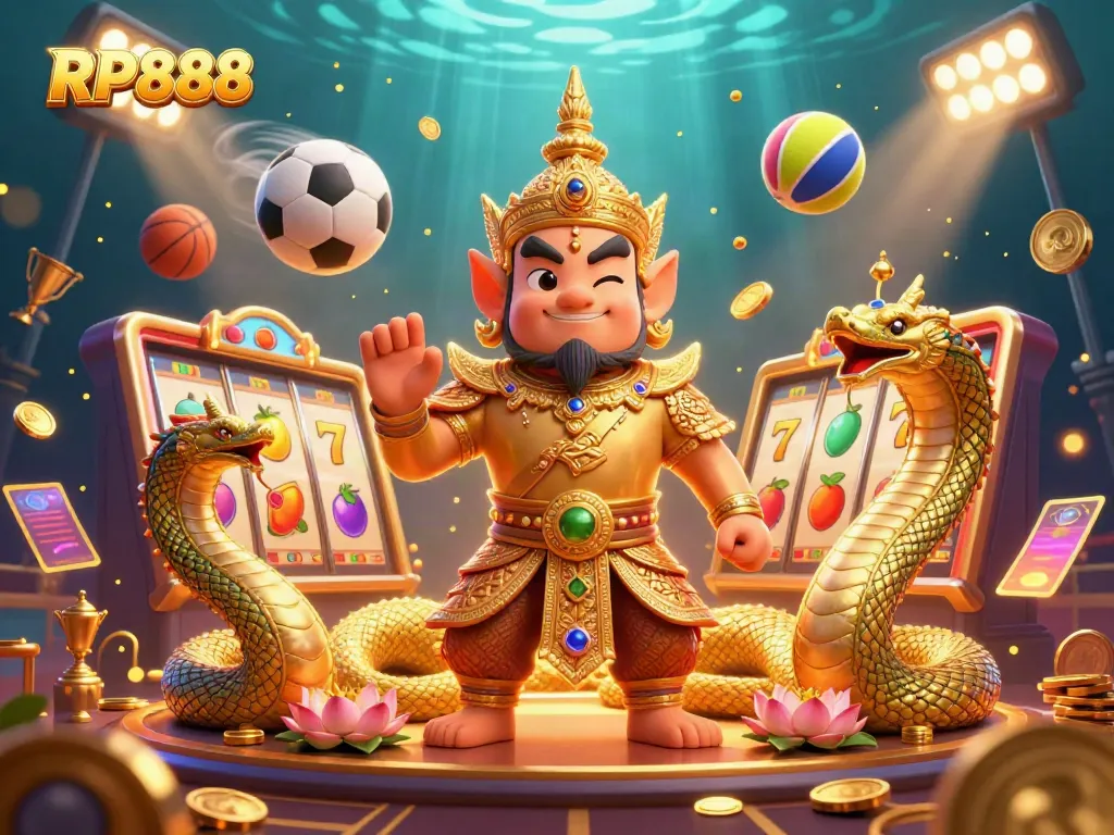 Engage with RP888 in an ultra-detailed 3D casino scene featuring vibrant characters and dynamic game elements.