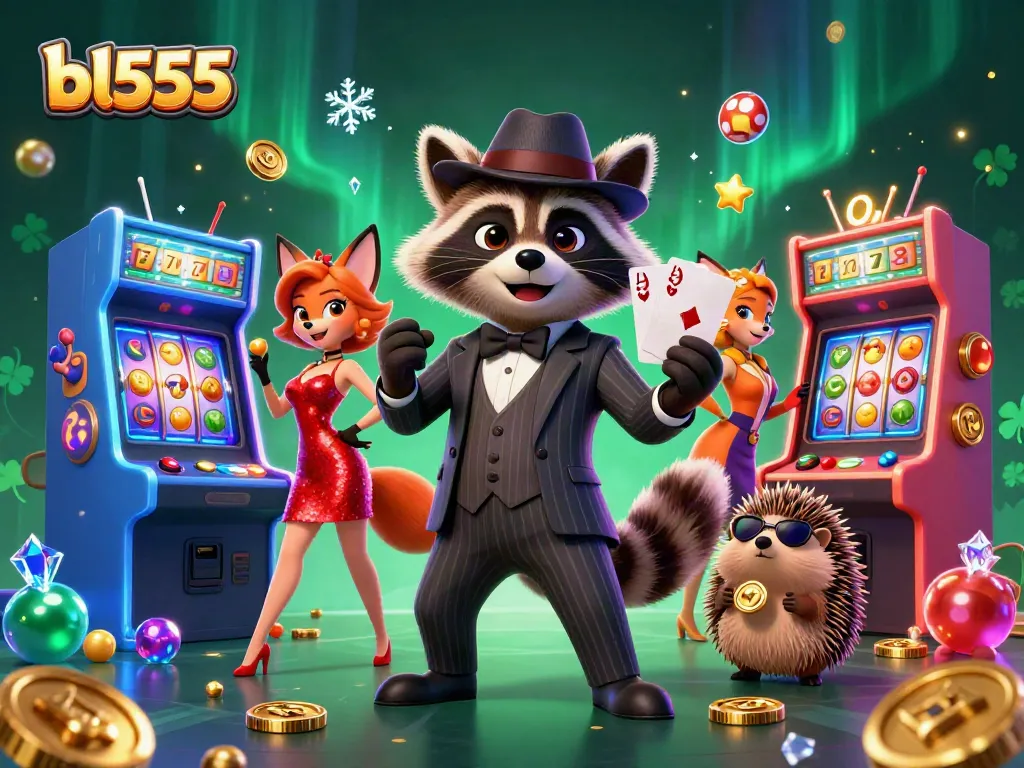 Experience the excitement of winning at bl555 with a suave raccoon, stunning fox, and hedgehog bouncer in a vibrant casino scene.