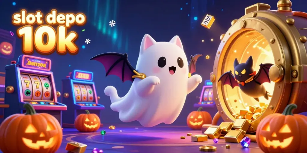 Engage with slot depo 10k in a vibrant casino scene featuring a ghost cat, vampire bat, and glowing pumpkins.