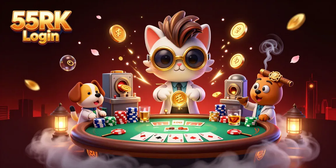 Experience excitement with 55RK Login at vibrant poker tables, golden bubbles, and playful characters.