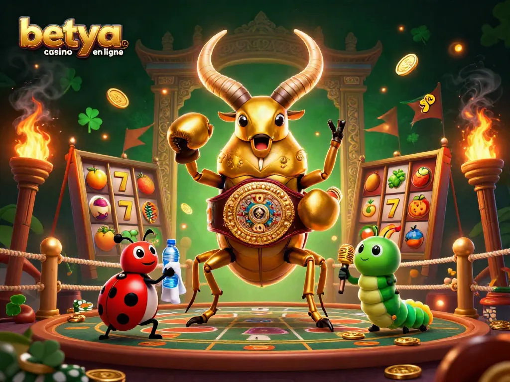 Experience the thrill at betya.com casino en ligne with a vibrant 3D illustration of a boxing champion beetle in a lively casino scene.