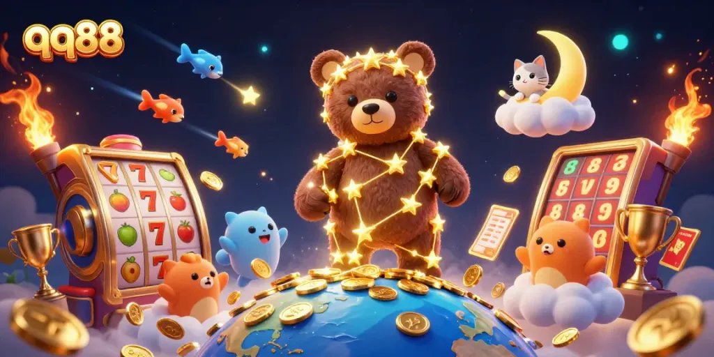Engage in thrilling wins with qq88, featuring a cartoon constellation bear scooping coins under a starry night.