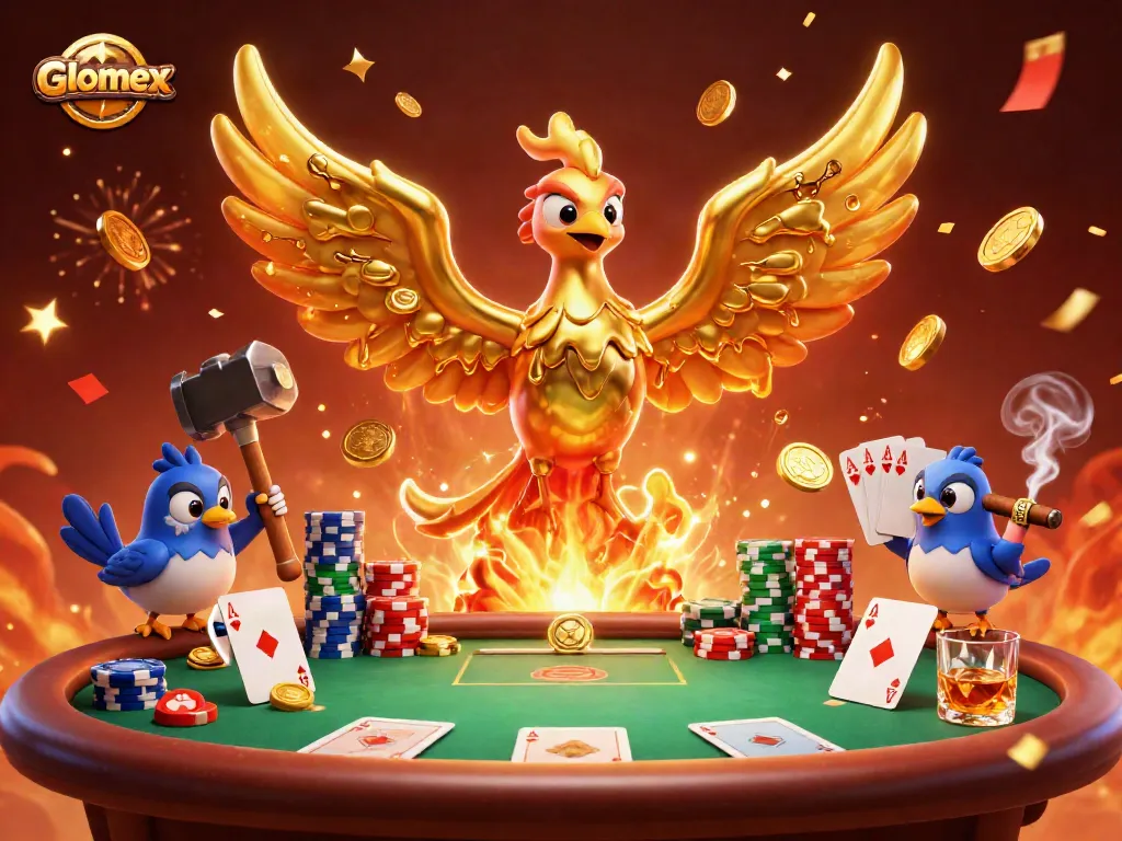 Experience thrilling poker action with Glomex's vibrant gaming illustration featuring rich casino elements.