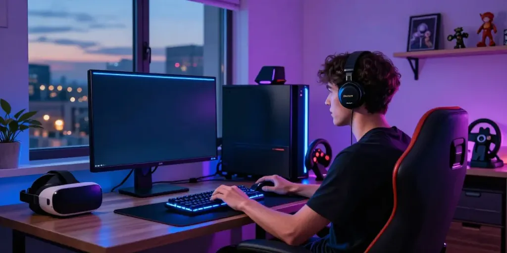 Engaged gamer enjoying an online slot game with a vibrant LED-lit setup in a cozy environment.