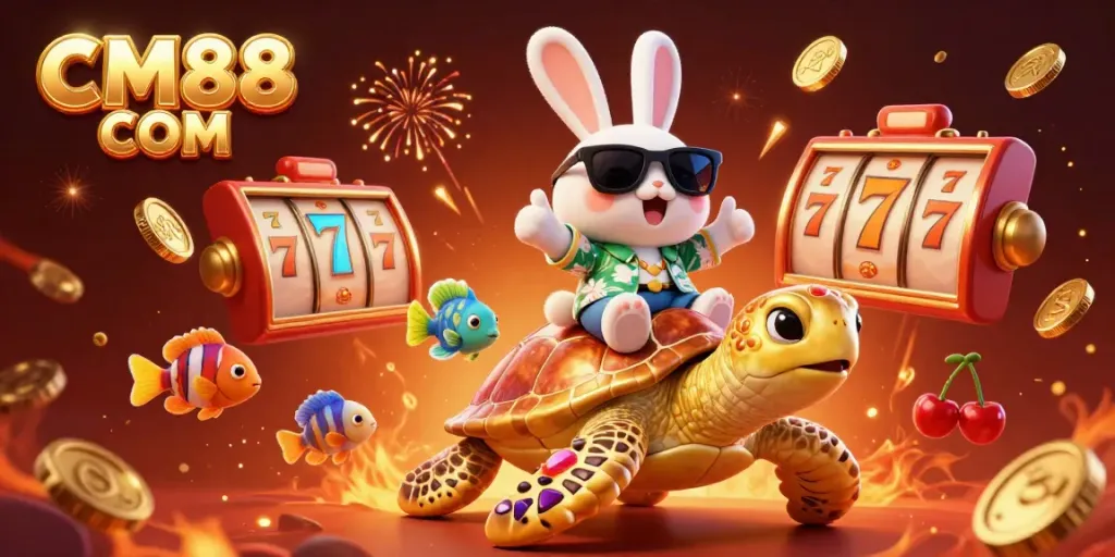 Experience the excitement at CM88 COM with a lively scene featuring a lucky rabbit, golden sea turtle, and vibrant slot elements.