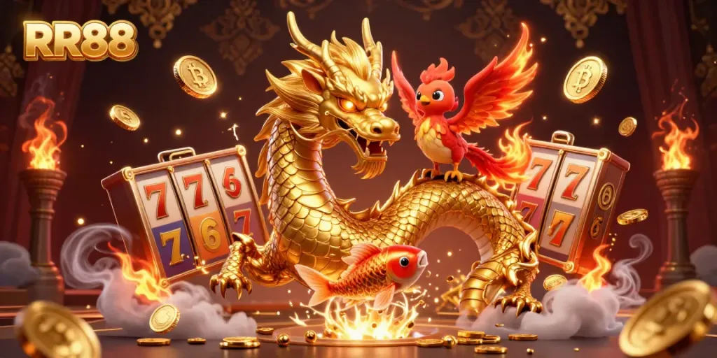 Experience thrilling slots with RR88 in an exciting illustration featuring a golden dragon and fiery phoenix.
