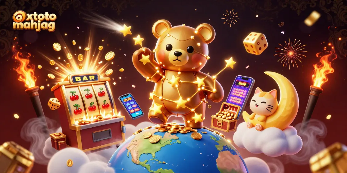 Visualisasi menarik xxtoto mahjong dengan karakter beruang bintang dan mesin slot 3D melimpah koin.