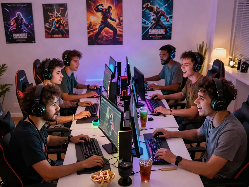 Group of friends playing qqmacan in a vibrant gaming room, engaging with gaming gear and snacks.