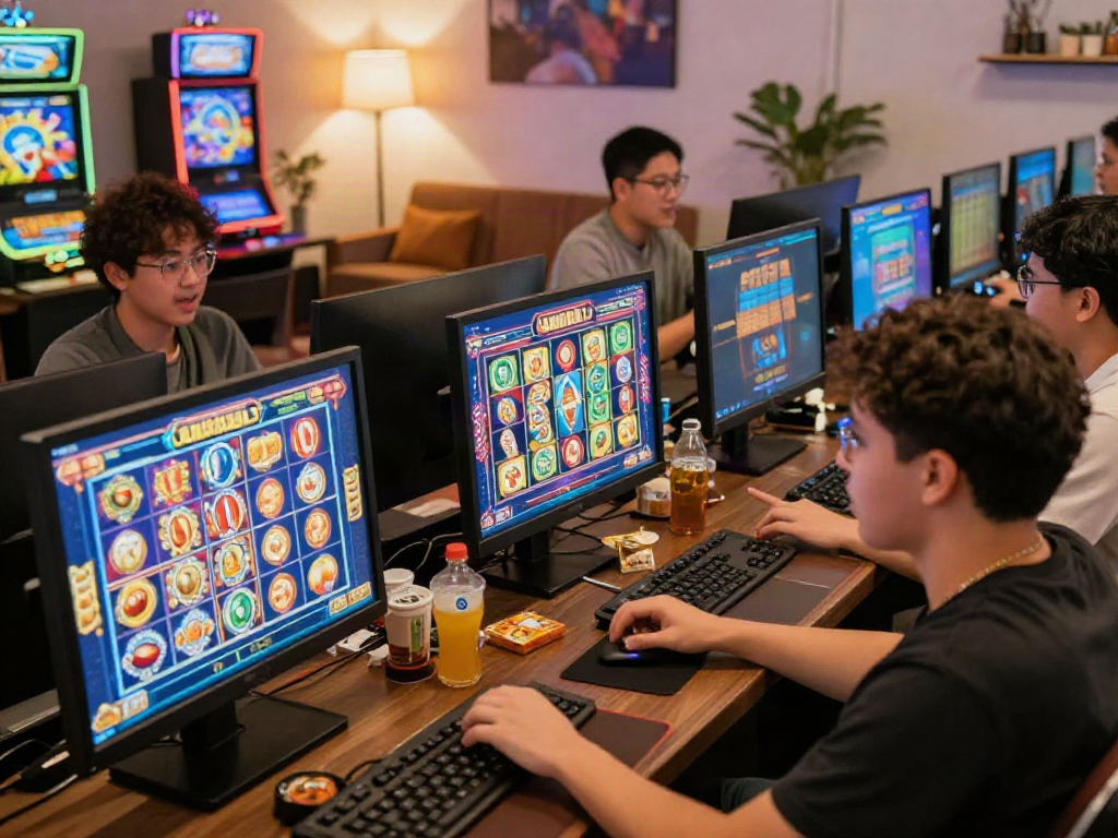 Players enjoying bandar slot games on digital devices in a vibrant home setting, showcasing excitement and engagement.