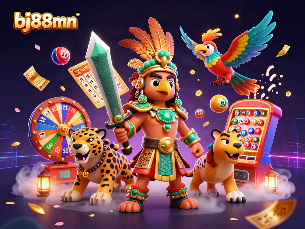 Engage with vibrant gaming elements in a 3D Aztec-inspired scene for bj88mn, immersing in casino excitement.