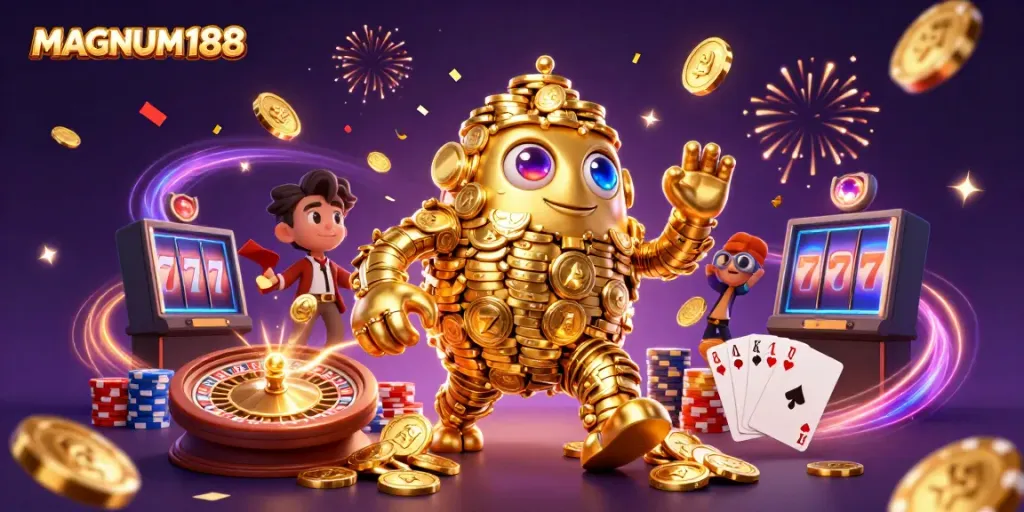 Experience the excitement of MAGNUM188 with a vibrant casino-themed illustration featuring a golden golem and game elements.