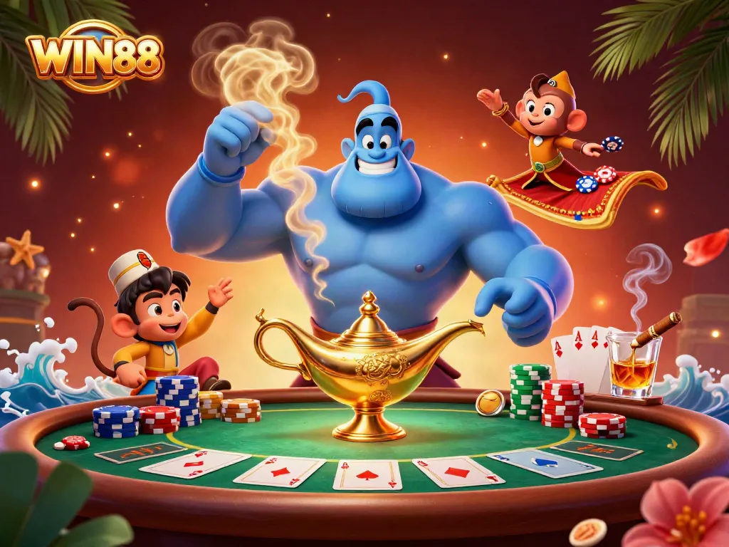 Experience the excitement of WIN88 with a dynamic casino illustration featuring a genie, monkey, and poker elements.