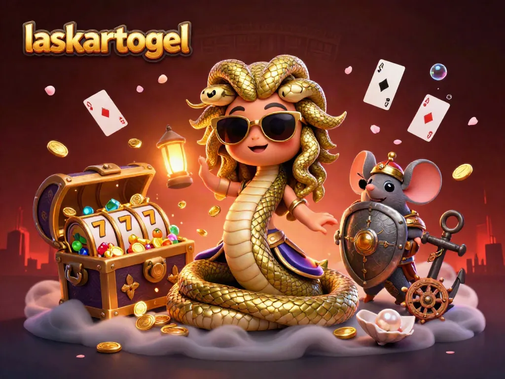 Win big with laskartogel in a vibrant 3D casino illustration featuring Medusa and a warrior mouse.