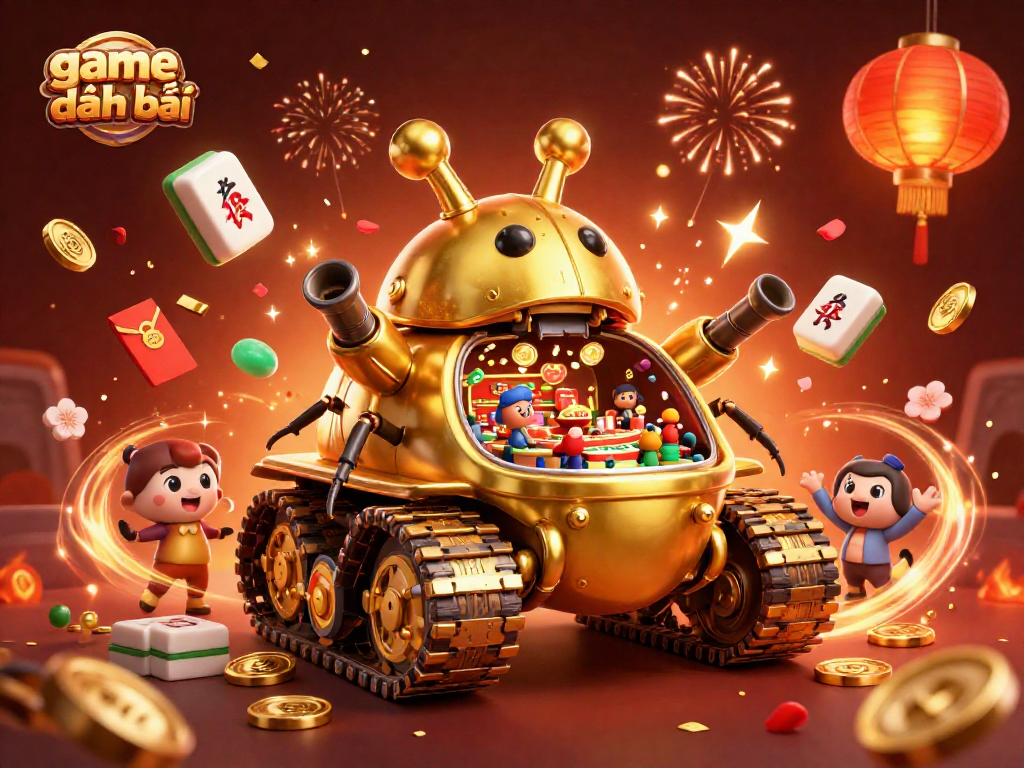 Experience game đánh bài in an ultra-detailed 3D casino scene with a golden beetle tank and festive elements.