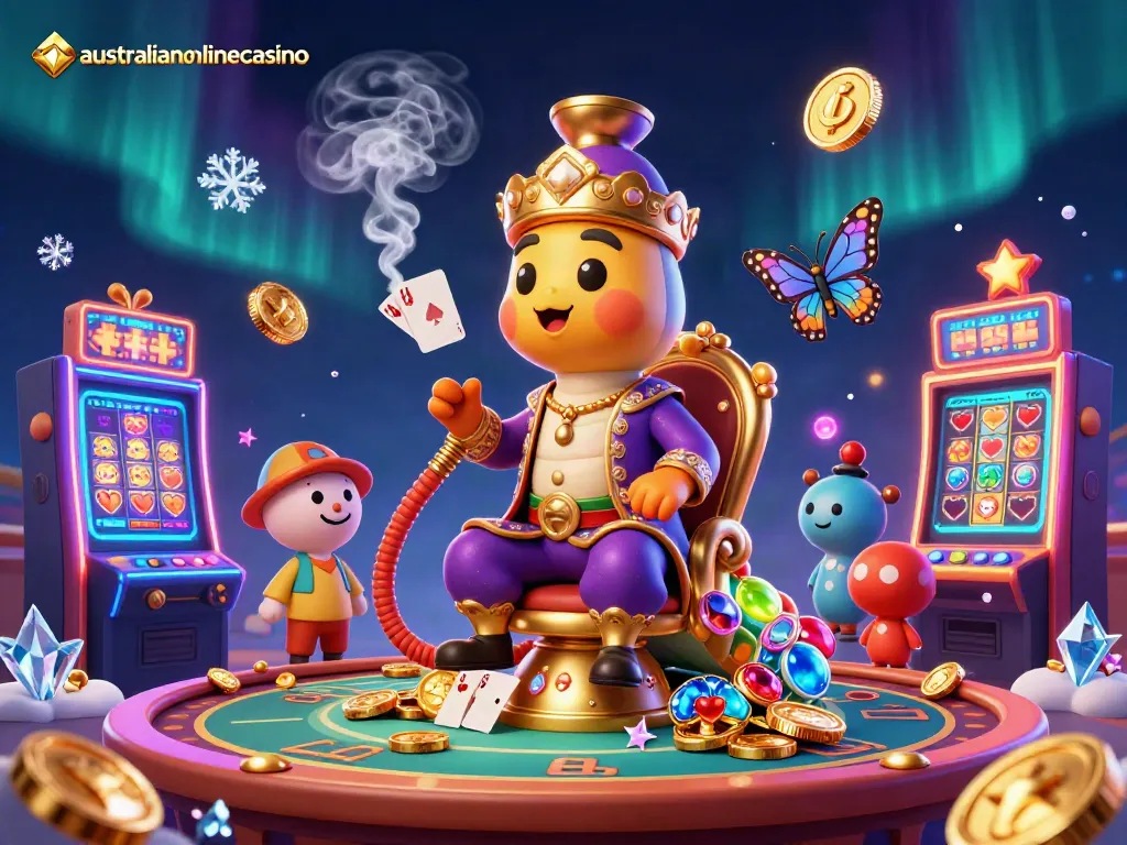 A dynamic illustration showcasing the australianonlinecasino experience with a caterpillar and vibrant casino elements.