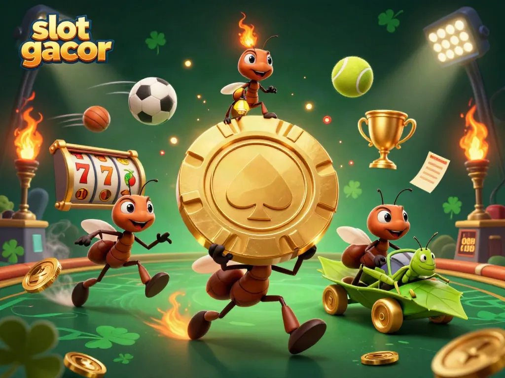 Experience thrilling slot gacor action with cartoon ants on a heist amidst vibrant casino elements.