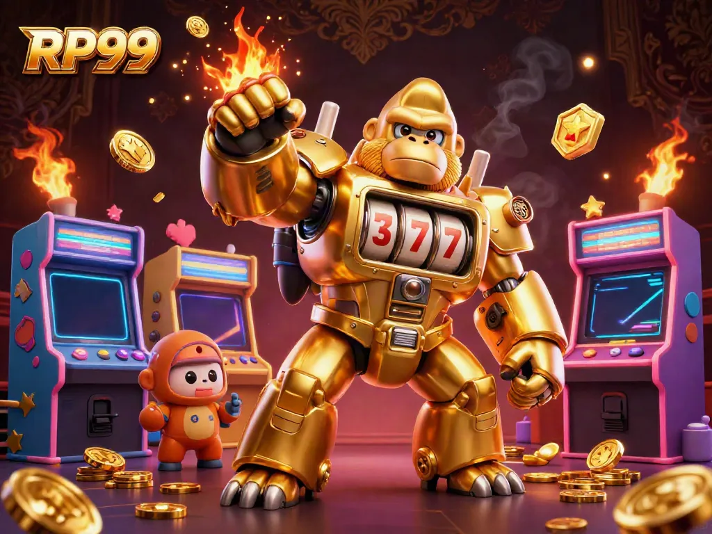 Engage with the dynamic RP99 golden gorilla mech, bursting with coins and gaming elements in a vibrant casino setting.