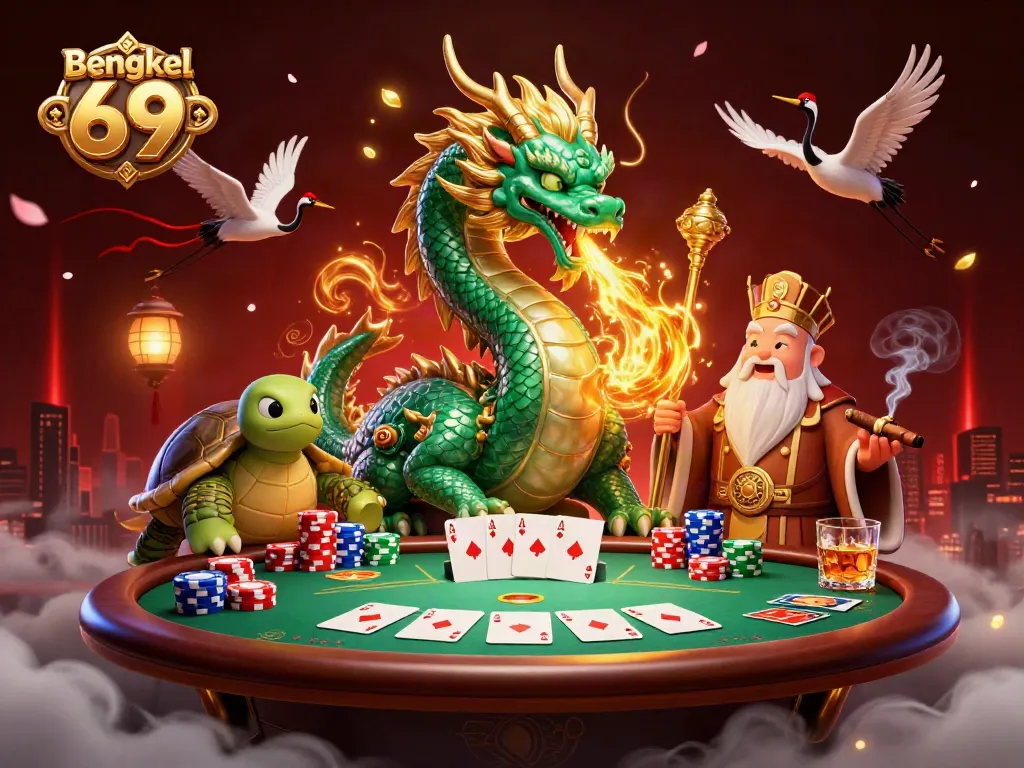 Bengkel 69 showcases a vibrant 3D illustration with a jade dragon and poker elements, capturing the casino atmosphere.