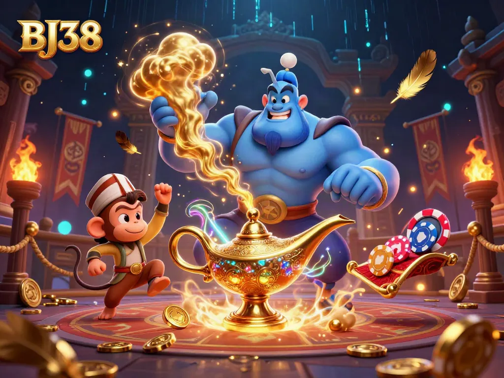 Experience the thrills of BJ38 with a colorful scene featuring a genie, poker chips, and playful characters.