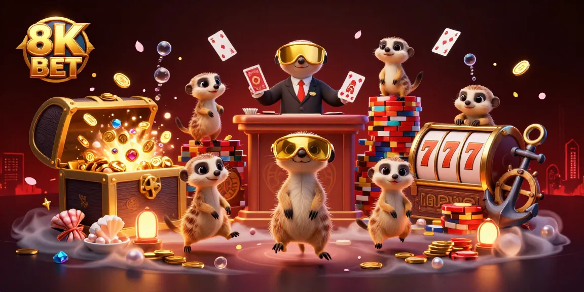 Win big at 8K BET with meerkat dealers in a lively casino atmosphere.