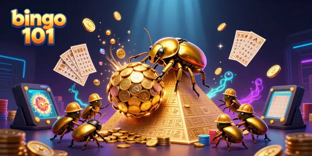 Experience bingo 101 with this vibrant illustration featuring lively bingo elements and a golden theme.