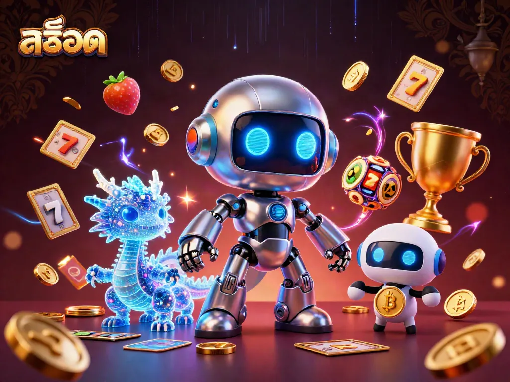 เล่นเกมสล็อต สล็อต พร้อมกับหุ่นยนต์ไซเบอร์พังค์และมังกรฮาโลแกรมในบรรยากาศตื่นเต้น