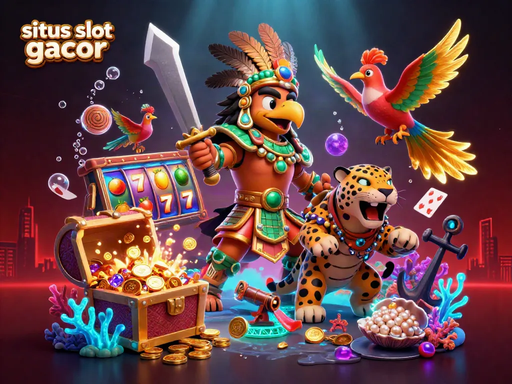 Engage in thrilling gaming with the lively scene of situs slot gacor showcasing Aztec warriors and vivid slot reels.