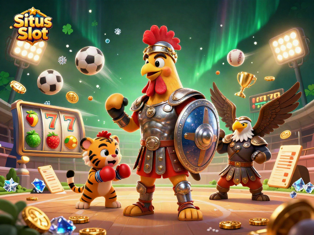 Situs Slot showcases a lively scene with a gladiator rooster, sports balls, and shimmering elements, promoting an exciting gaming experience.