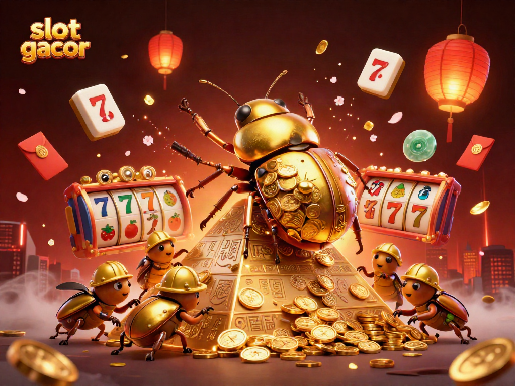 Engage in exciting slot gacor adventures with a golden beetle scene full of casino symbols.