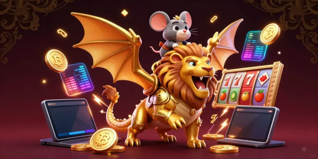 Experience the excitement of bigpot88 with a golden chimera and coins symbolizing a thrilling digital casino adventure.