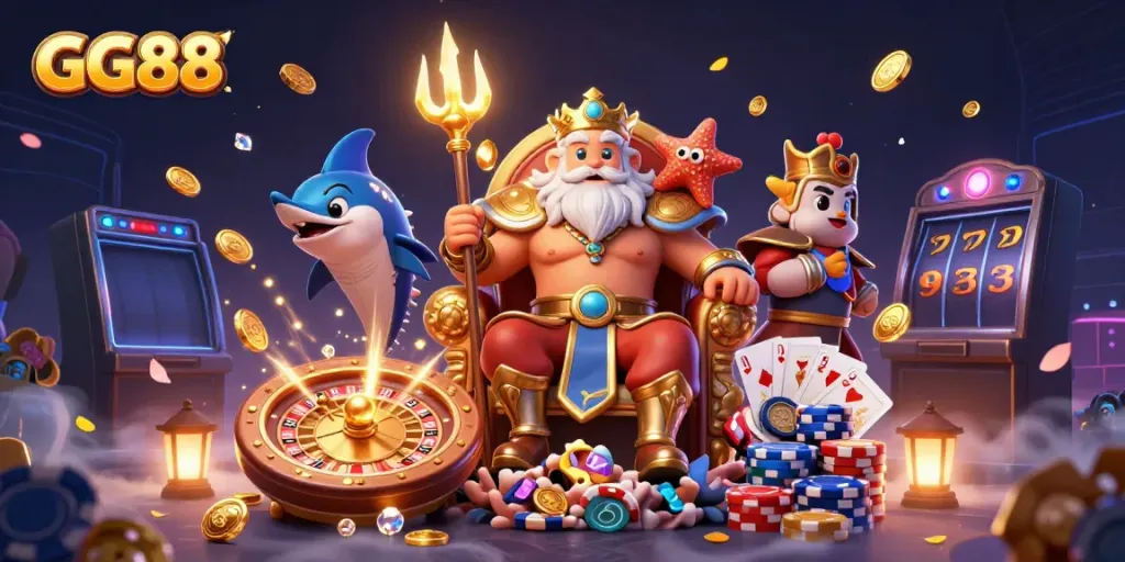 Experience GG88's vibrant gaming world with Neptune, treasures, and action-packed elements.