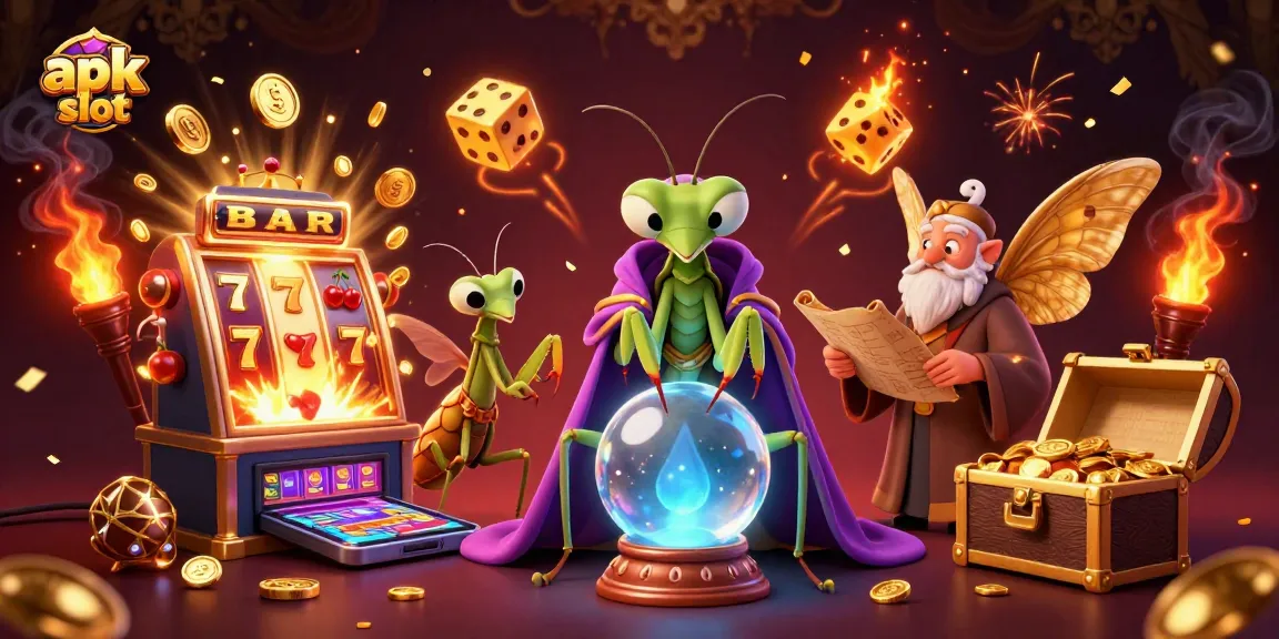 Menangkan apk slot dengan mesin slot dan simbol keberuntungan berkilau.
