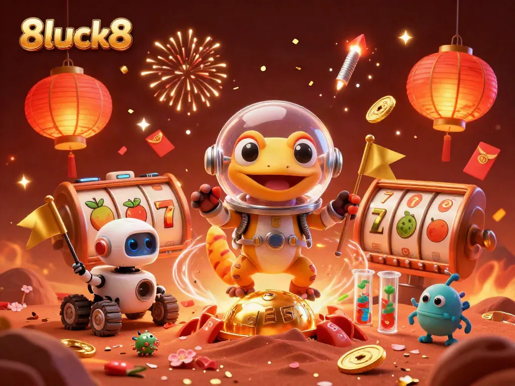 Martian gecko navigating a golden casino in red sand, featuring vibrant slot reels and festive decorations, 8luck8.