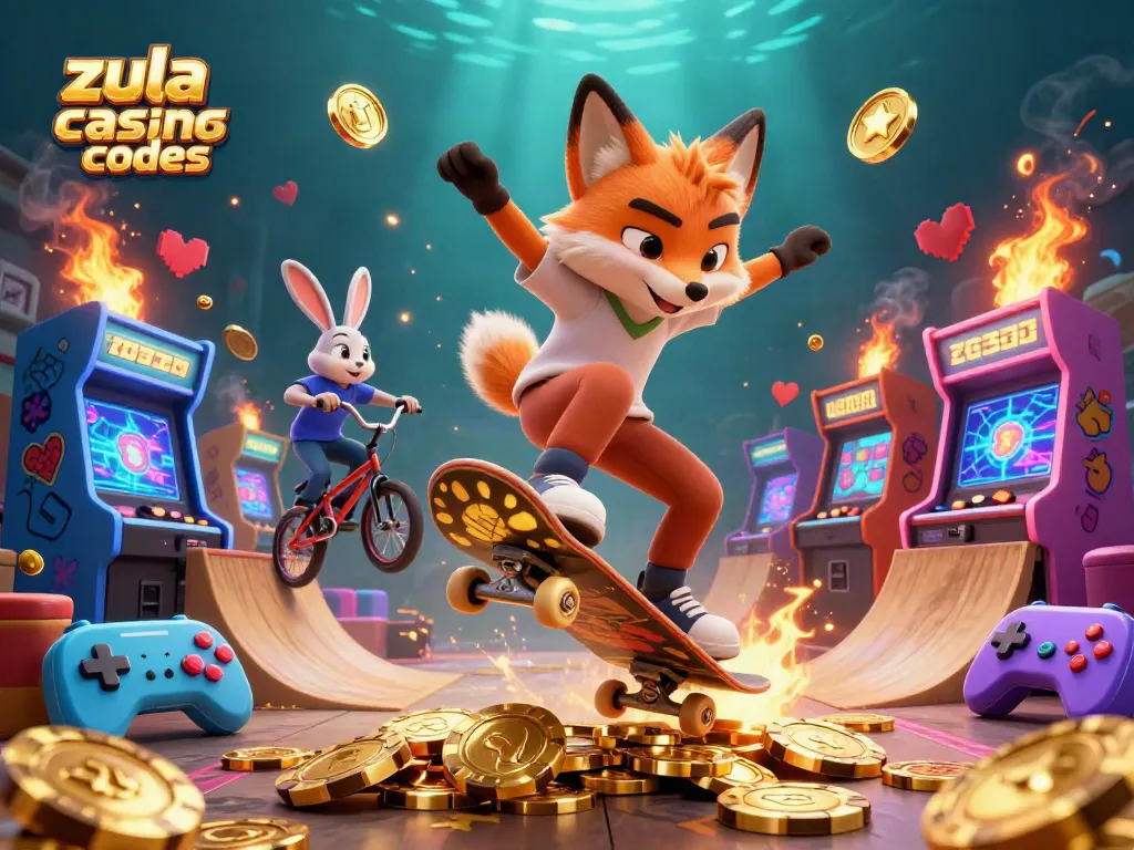 Zula Casino Bonus Codes showcase with vibrant cartoon gaming elements featuring fox and rabbit in action.