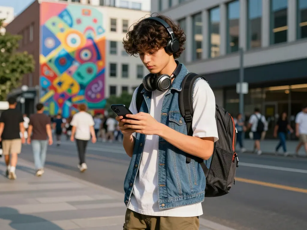 Fashionable person in streetwear checking peh888 notifications on smartphone in urban environment.