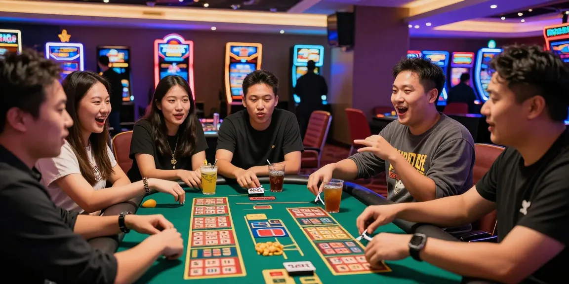 Friends excitedly examining their harga toto lottery tickets in a vibrant casino atmosphere.