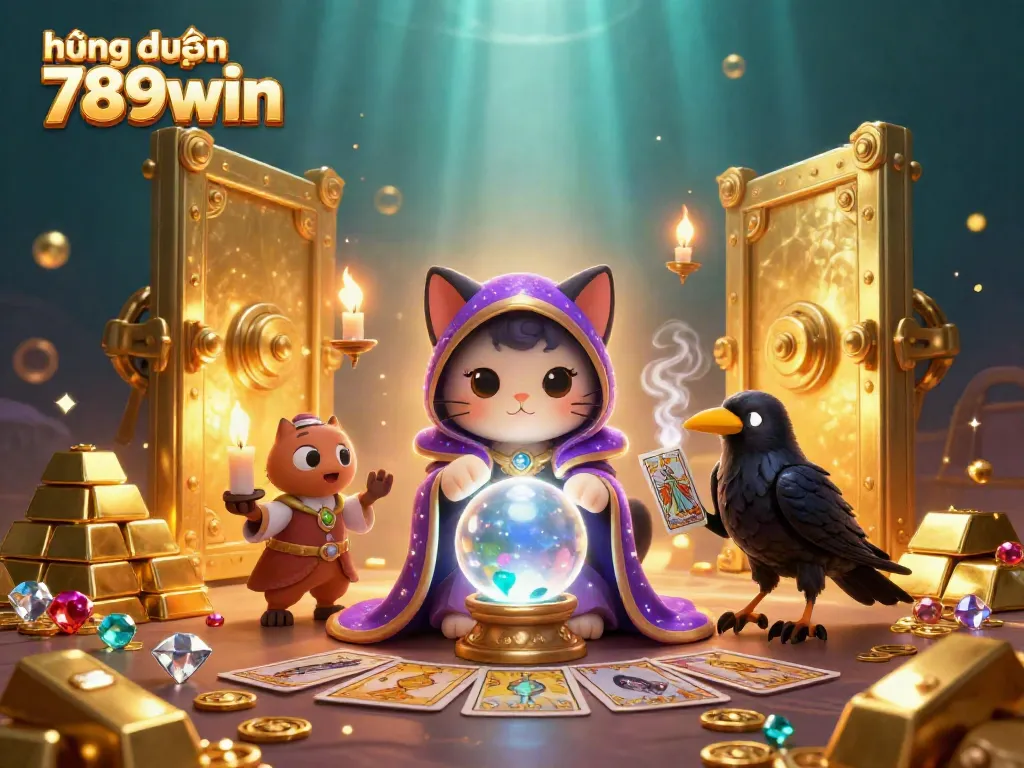 Engage with the vibrant world of hướng dẫn 789win with a mystical cat, a raven, and treasure in this exciting illustration.
