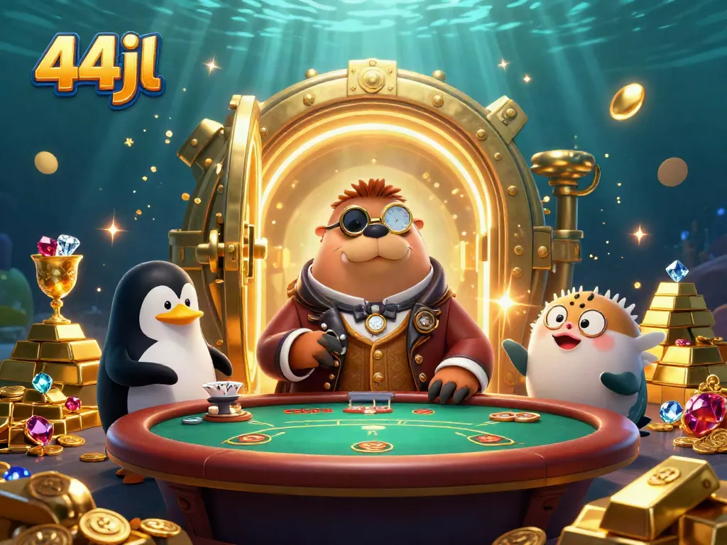 Experience exciting underwater poker at 44jl casino with a walrus, penguin dealer, and pufferfish.