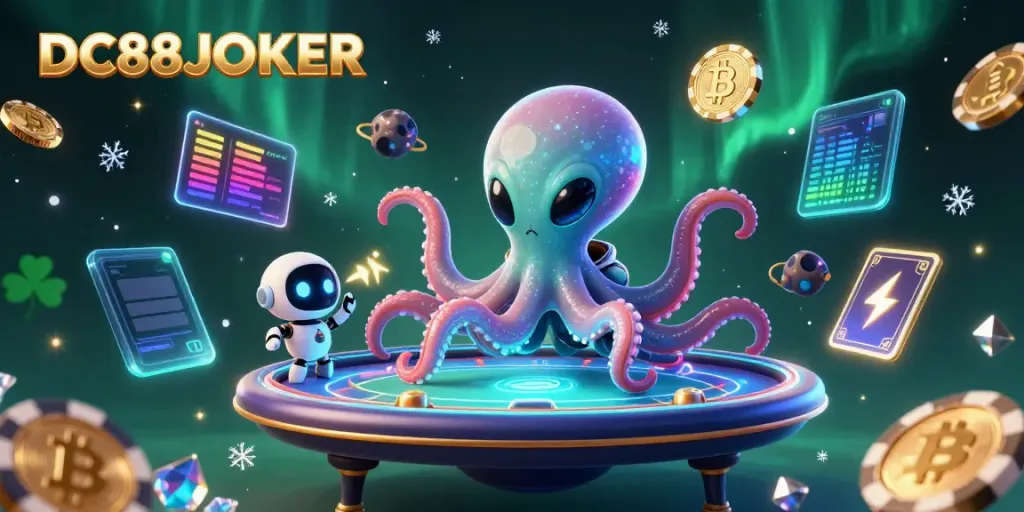 Experience thrilling gameplay with DC88JOKER through a vibrant 3D cosmic poker scene.
