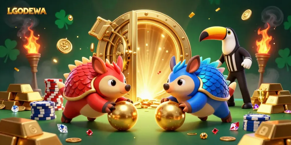 Engage in the excitement of LGODEWA with vibrant pangolins rolling through golden poker chips, creating a festive casino atmosphere.