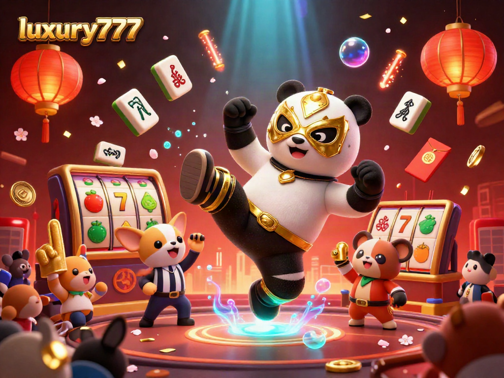 Animasi 3D menggambarkan gameplay slot di luxury777 dengan panda beraksi, menghibur pemain.