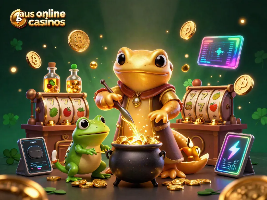 Experience Aus Online Casinos with an alchemist and frog, featuring vibrant slots and crypto coins.