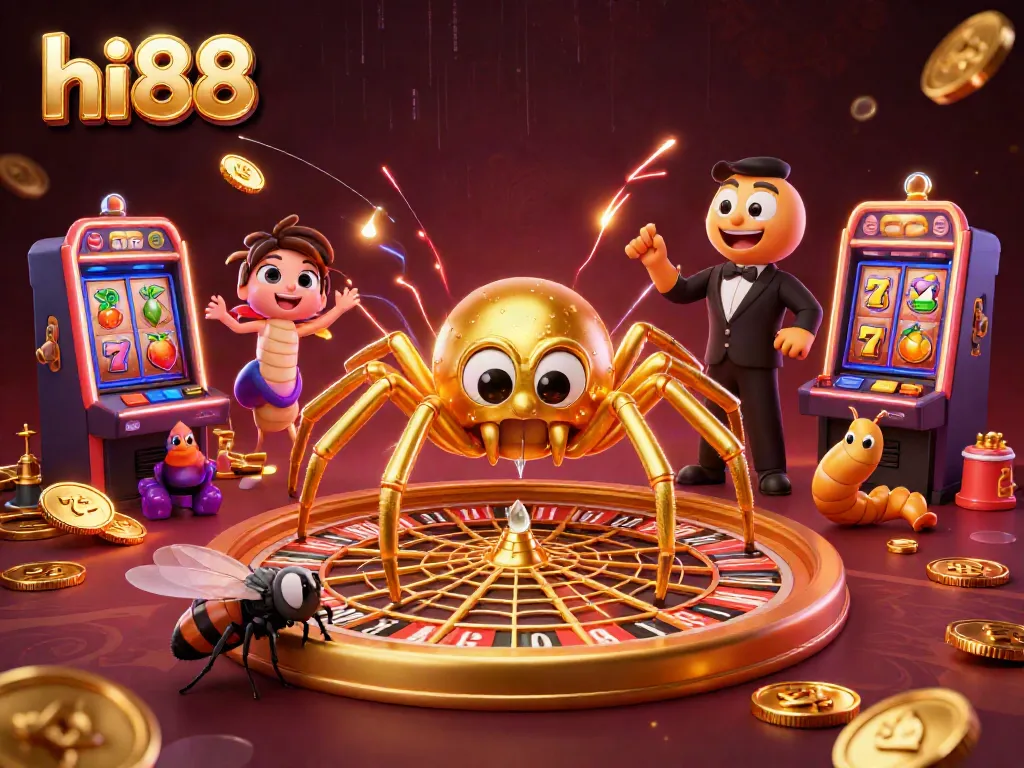 hi88 captures the excitement of online gambling with a golden spider and roulette wheel scene.