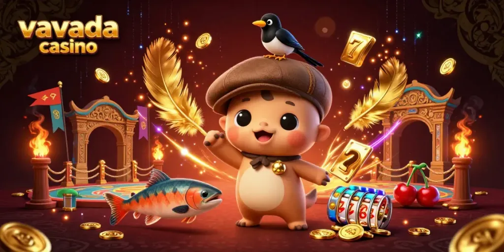 Win big at Vavada Casino with a vibrant 3D illustration of playful characters among gaming elements.