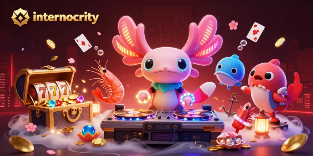 Internocracy showcases vibrant casino fun with dancing creatures and dynamic gaming elements.